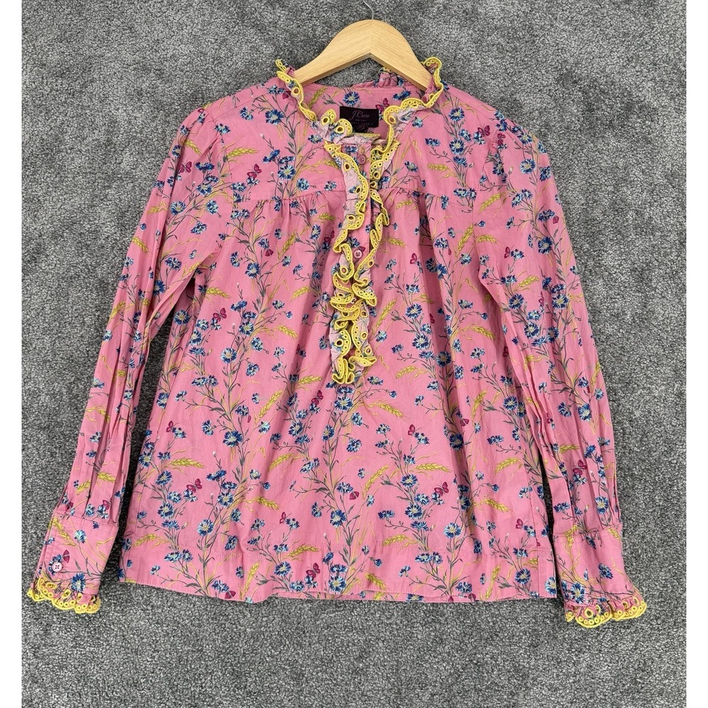J.Crew Liberty Fabric Pink Floral Ruffle Eyelet Blouse Womens Small Cotton Top